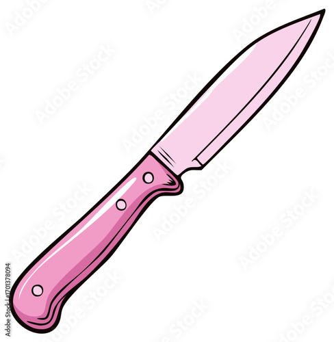 Isolated cartoon drawing of a pink kitchen knife with a sharp steel blade