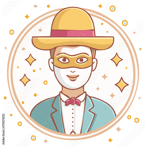 Person wearing costume hat and mask illustration in a circle with stars