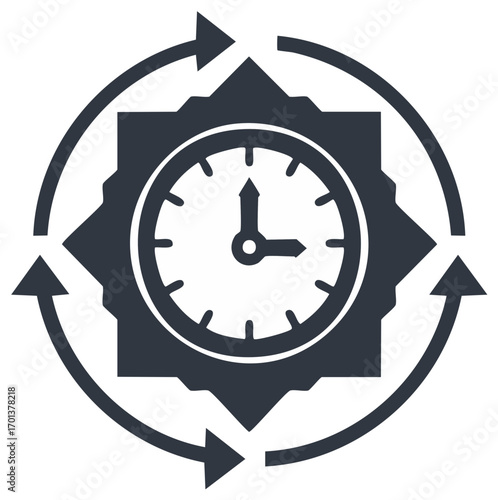 Clock with Circular Arrows and Gear Symbol Representing Time Management and Workflow