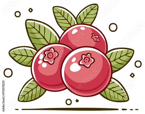Vibrant cartoon illustration of a fresh cranberry bunch with green leaves. Healthy red berries icon.