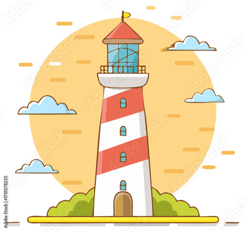 Coastal Lighthouse Illustration with Clouds and Yellow Sun Background