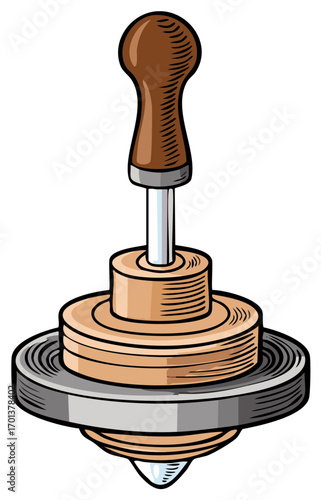 Colorful cartoon illustration of a spinning top toy on a white background.