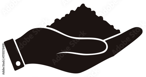 Human hand holding a small pile of granular material, powder, or sand. Simple black silhouette icon.