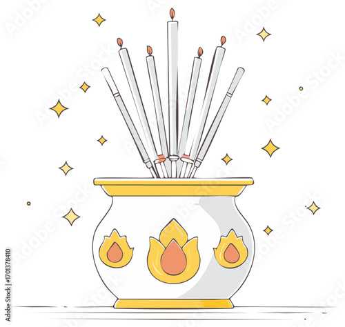 Burning incense sticks in ornate pot illustration with stars, traditional offering, oriental spirituality