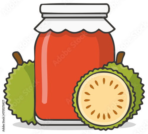 Durian Fruit with Jar of Fruit Jam Illustration