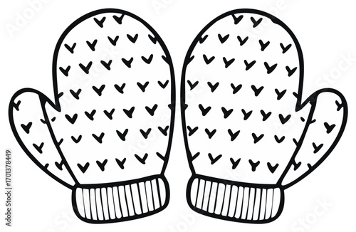 Black and white hand drawn mittens with a heart pattern