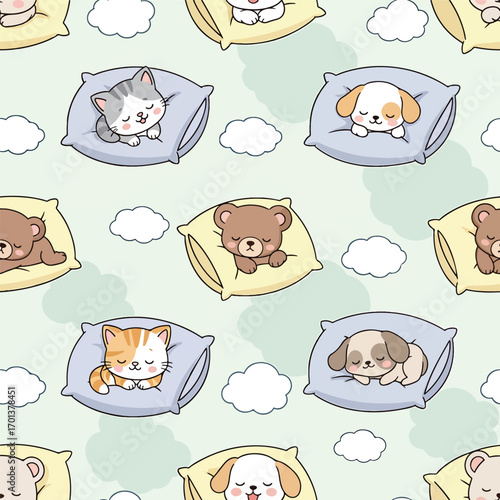 Seamless pattern featuring adorable sleeping animals resting on soft pillows design, patern seamless, Stock royalty free.