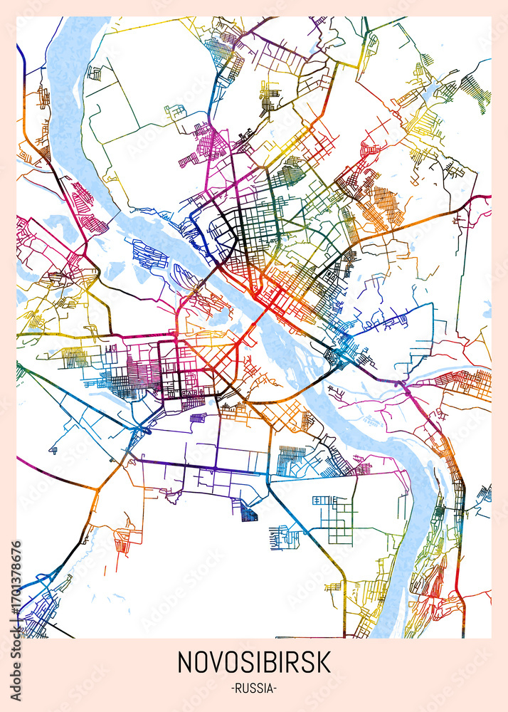 Fototapeta premium Novosibirsk Russia City Map. downtown printable Landmarks print painting, travel art banner modern city, urban city art, background abstract