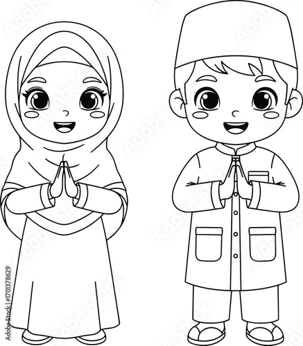 Cartoon children, traditional clothing, black and white, hijab girl, prayer pose, cultural illustration, greeting gesture, cute style, ethnic diversity, smiling faces