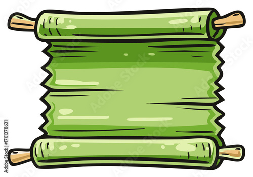 Green scroll with wooden rods and jagged edges unfurling
