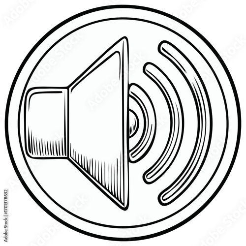 Speaker icon with radiating sound waves in a circular frame black outline