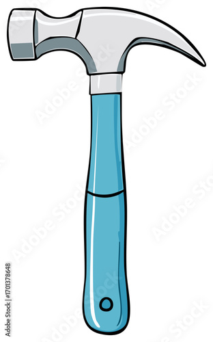 Cartoon image of a hammer with a blue handle, construction equipment concept.