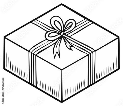Sketch of a gift box, decorated with bow, celebration present, ribbon gift, present for holidays and party