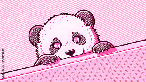 Pink panda peeking over edge cute cartoon image