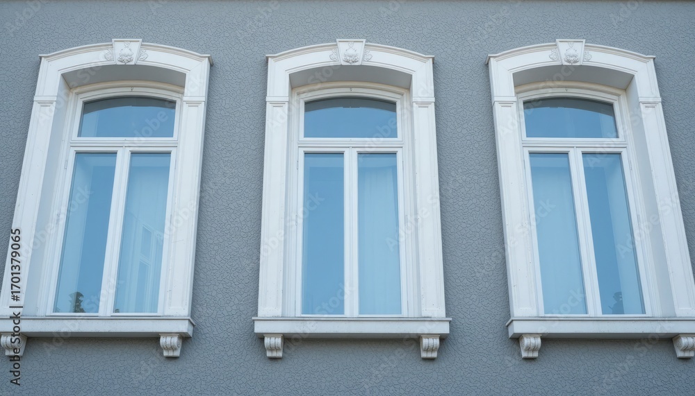 Fototapeta premium Three Ornate White Framed Windows on a Gray Wall (185