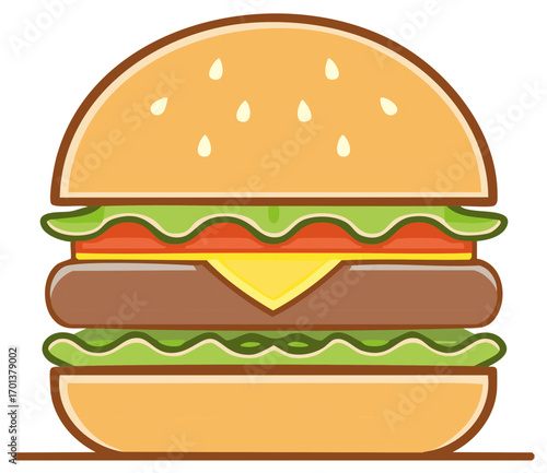 Cartoon cheeseburger icon with lettuce tomato and sesame seed bun flat vector illustration