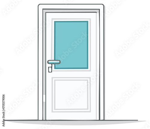 Cartoon Illustration of an Interior Door with Blue Glass Panel and Silver Hardware in Simple Line Art Style