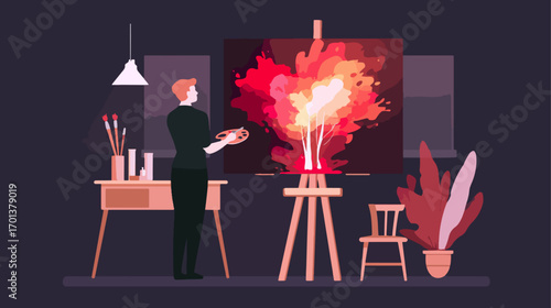 Artist painting abstract trees in studio