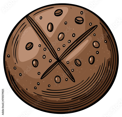 Artistic cartoon style illustration of a rustic brown bread roll with a classic cross cut and seeds perfect for bakery designs