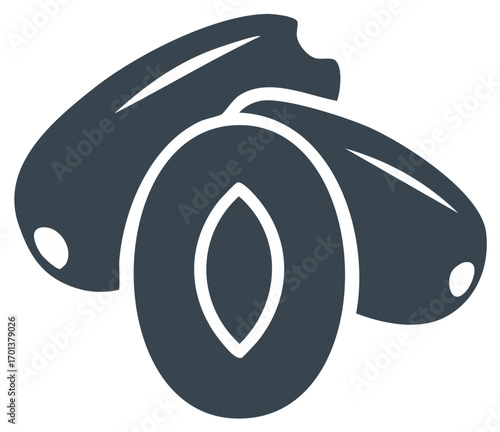 Dark Blue Silhouette of Plums One Halved Showing Seed Graphic Icon