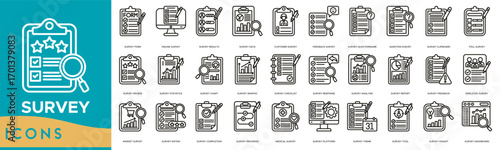 Survey Icon set. Form, Online Survey, Results, Data, Customer Survey, Feedback Survey, Questionnaire, Question and Clipboard