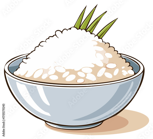 Cartoon bowl of rice with leaves, illustration for Asian cuisine or healthy eating concept.