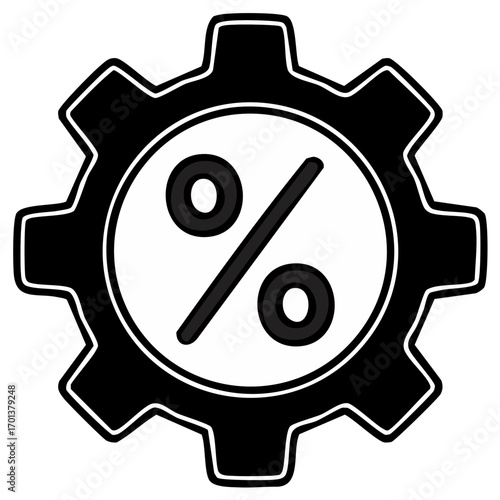 Gear with Percentage Sign, Black and White Illustration, Finance Concept