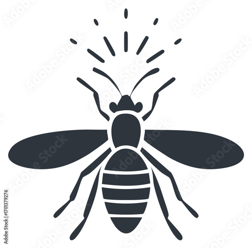 Stylized flying bee or wasp icon with signal lines. Simple flat vector graphic insect illustration.