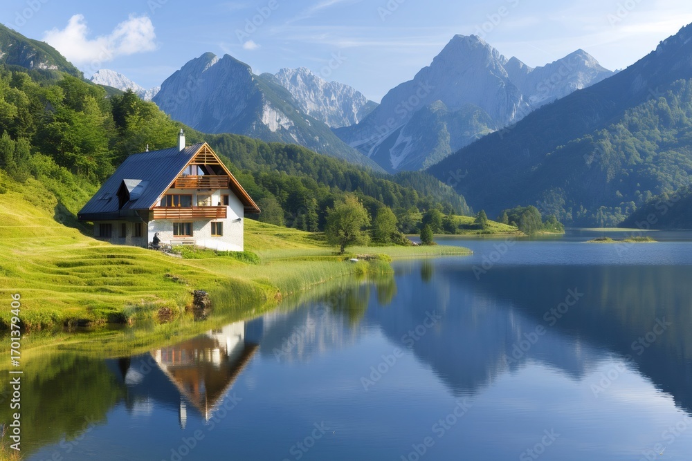 Fototapeta premium Idyllic mountain chalet reflecting in a pristine alpine lake