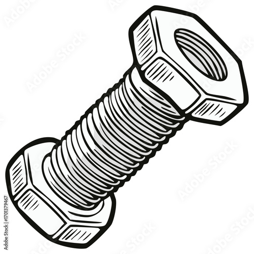 Isolated illustration of a metal bolt with nut, showing screw threads and precise mechanical drawing style, angled view