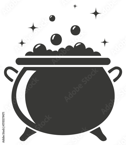 Simple black icon of a witchs cauldron boiling a magical potion with bubbles and sparkles
