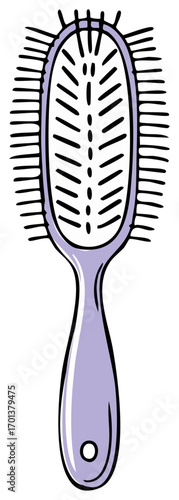 Hand-drawn illustration of a purple hair brush with black bristles and handle