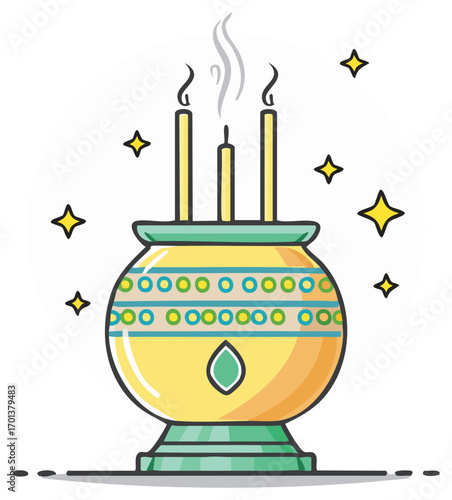 Sacred decorative urn with burning incense sticks for a spiritual ceremony