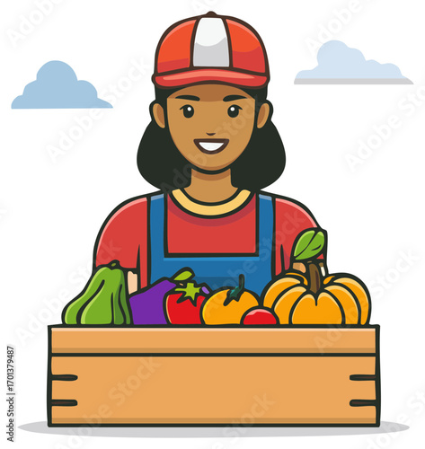 Friendly female farmer wearing a cap and overalls with a wooden crate of freshly harvested vegetables
