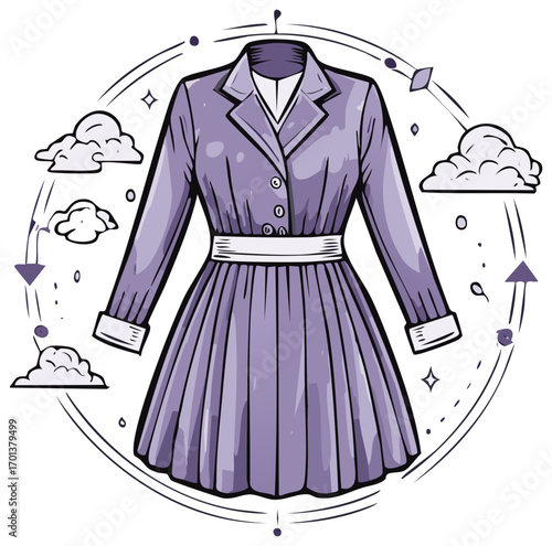 Whimsical cartoon illustration of a vintage purple dress with magical clouds and stars