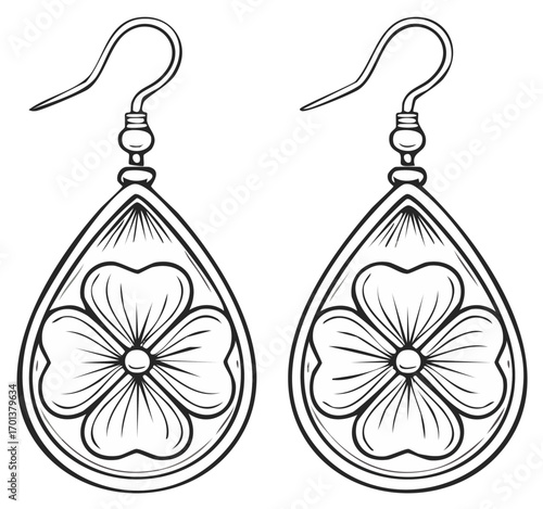 Elegant teardrop earrings with a four leaf clover shamrock design vector line art for coloring