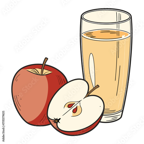 Hand-drawn illustration of fresh apple juice with ripe red fruit
