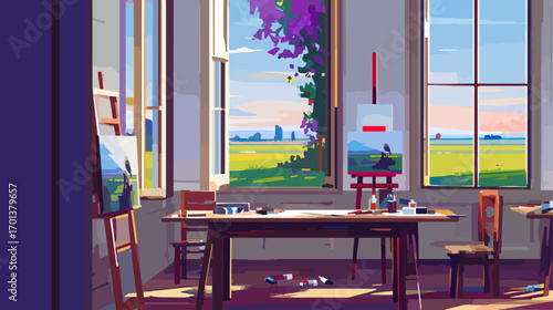 Artists studio interior view with landscape