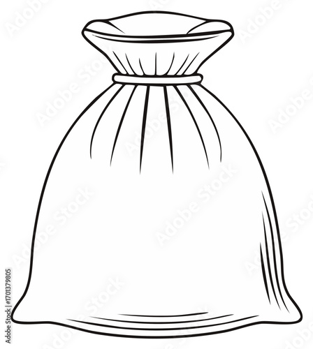 Sketch of a tied sack. Container for bulk products. Simple graphic contour bag. Vector drawing