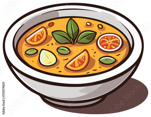 Bowl of Delicious Soup with Vegetables and Herbs Illustration, Homemade Cuisine, Healthy Eating, Dinner Time