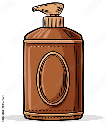 Hand drawn illustration of a brown cosmetic pump bottle for soap or lotion