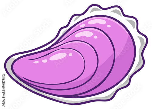 Stylized pink oyster shell with wavy white edge and purple outline