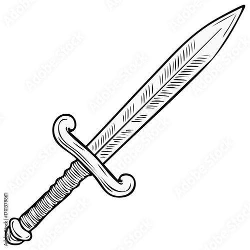 Antique sword with engraved blade and ornate hilt isolated on white