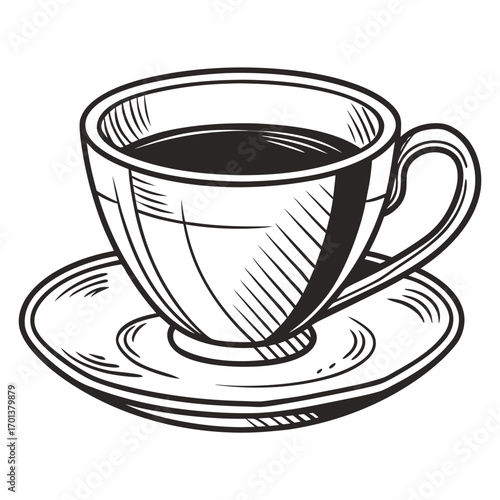 Vintage sketch illustration of a classic coffee cup on a saucer