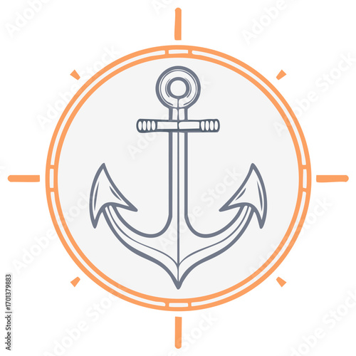 Nautical Anchor Icon with Compass Rose Circle Marine Stability and Travel Symbol