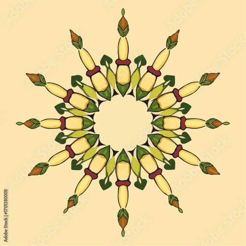 Vibrant circular pattern of corn and leaves showcasing nature's beauty during a harvest celebration