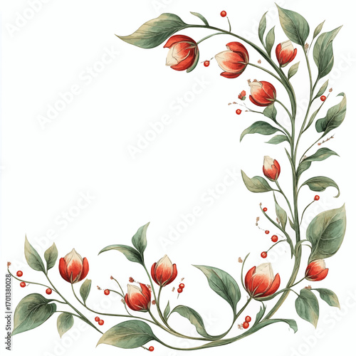 Beautiful floral design featuring vibrant red blooms and lush green leaves in a graceful arrangement