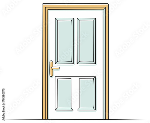 Illustration of Closed Paneled Door with Handle and Frame in Cartoon Style