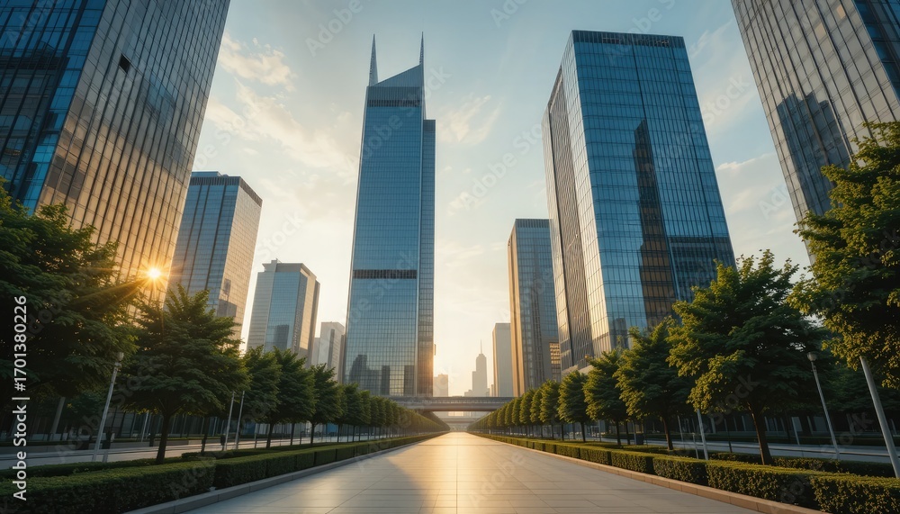 Naklejka premium Urban Avenue Lined with Modern Skyscrapers and Trees
