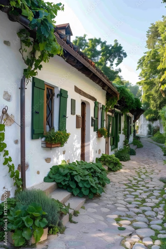 Fototapeta premium Charming cobblestone street passing by picturesque white houses with green shutters in the old town of Plovdiv